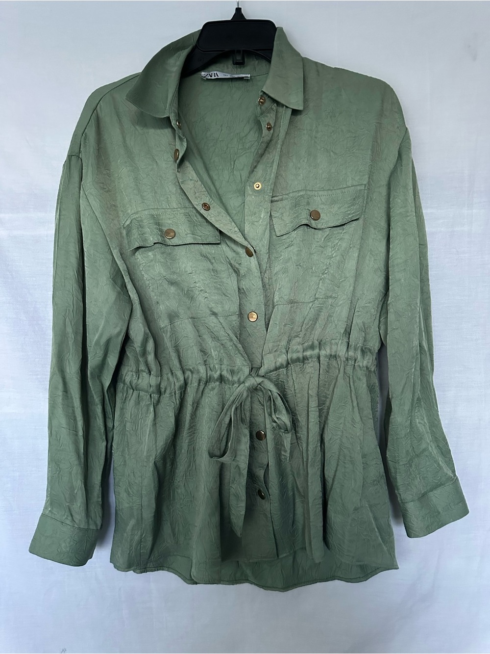 ZARA Sage Green Satin Effect Belted Utility Overshirt Jacket Size S